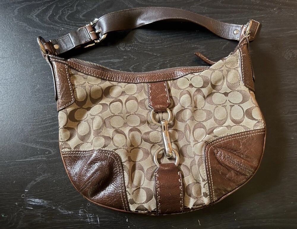 VTG Y2K Coach Signature Canvas Brown Leather Dog Leash Swivel Clip Hobo Bag